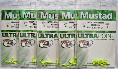 Five Packs (6 Hooks per Pack) Mustad 92553NPCH Fish Hooks Chartreuse Size 8
