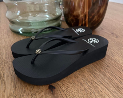 TORY BURCH Wedge Flip Flops 7 Black Thin Strap Sandals