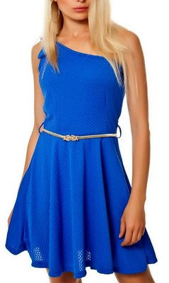 Sexy Miss Femmes Fille Robe Mini une Épaule 34/36/38 Bleu Ceinture Doré Neuf