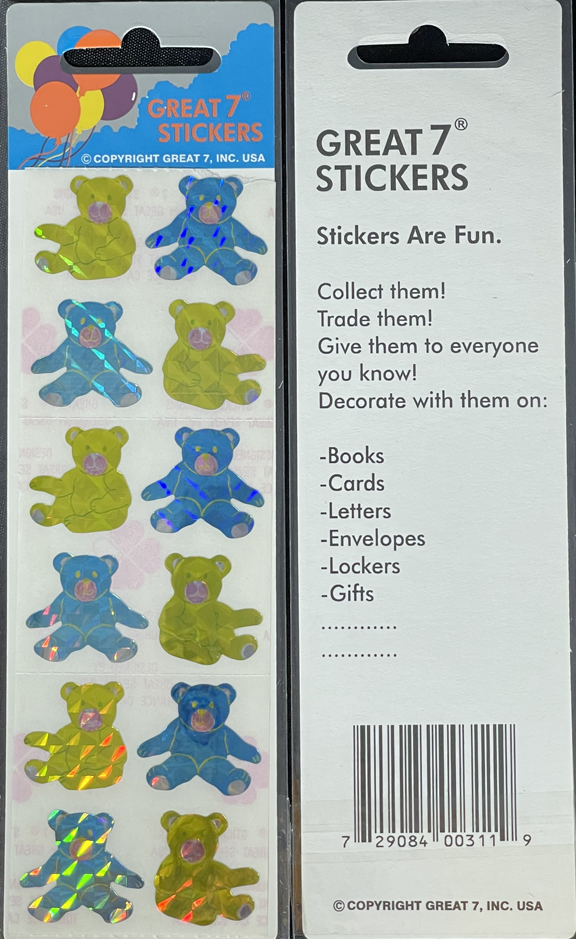 12 packages of Prismatic Teddy Bear Stickers, "Great 7" Sticker Designs, PPZ6102