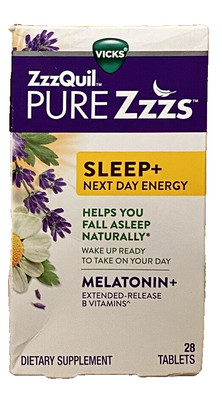 Vicks ZzzQuil Pure Zzzs Sleep + Next Day Energy  Melatonin= 28 Tabs 04/2025