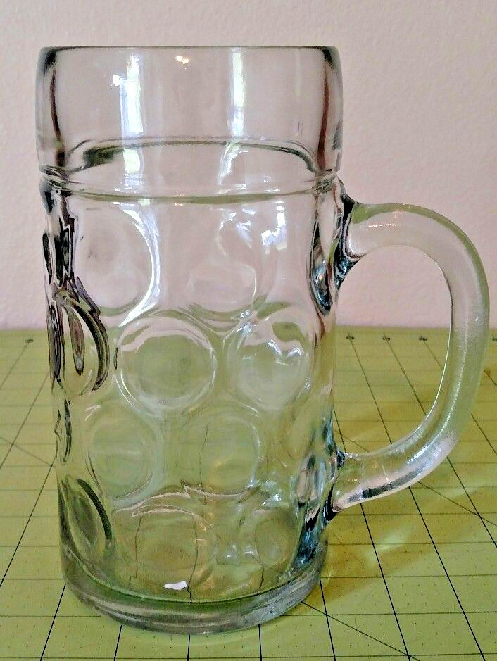 Paulaner Munich Large Dimpled Clear Glass Beer Mug Stein 1 Liter Munchen Brewery