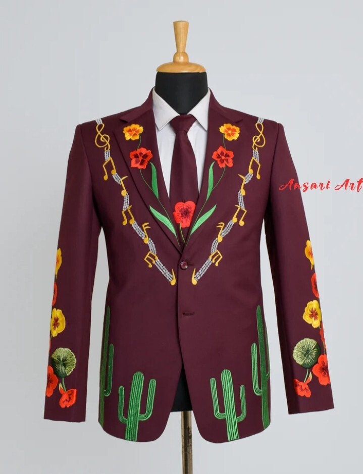 Pre-owned Art Men Mahoon 2pc Suit Custom Made Floral Embroidered Country Western Prom Outfits