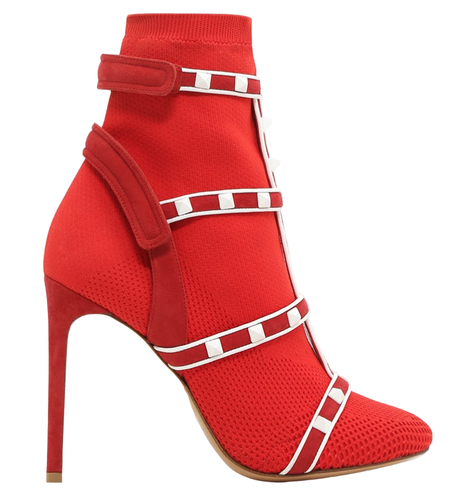 Pre-owned Valentino Garavani Valentino Rockstud Bodytech Red White Sock Knit Ankle Heel Boot Bootie 38.5