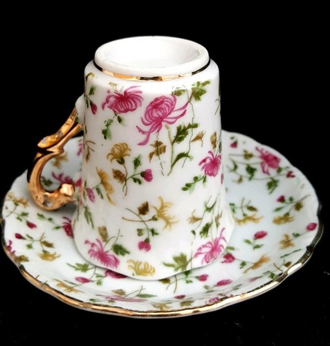 Vintage Demitasse Tea Cup & Saucer, Pink Flowers, Ruffled Rim, Gilded Gold Trim