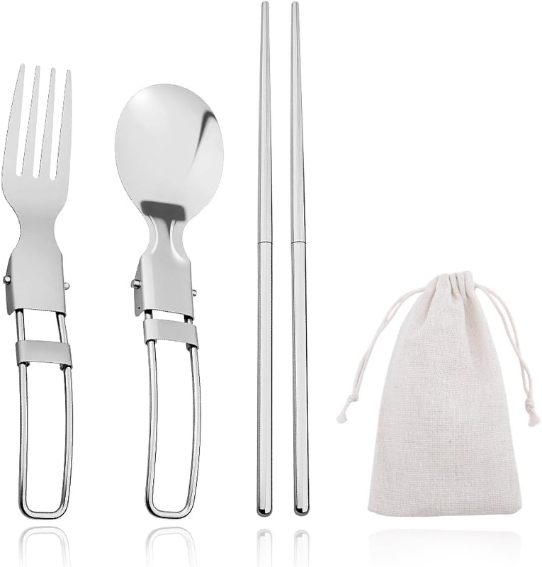 3Pcs Portable Foldable Spoon Fork Chopsticks with Pouch, Reusable Stainless Stee