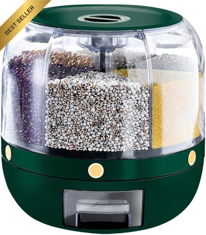 360° Spinning Cereal and Rice Organizer, 6-Section Airtight Food Carousel with E