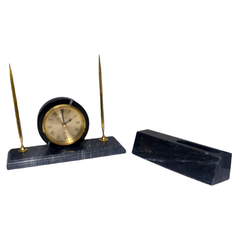 Vtg Marble Executive Desk Stationary Clock / Pen Holder Name Plate / Card Holder
