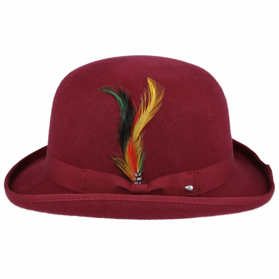 Wine Red 100 Wool Bowler Hat High Quality with Removable Feather Satin