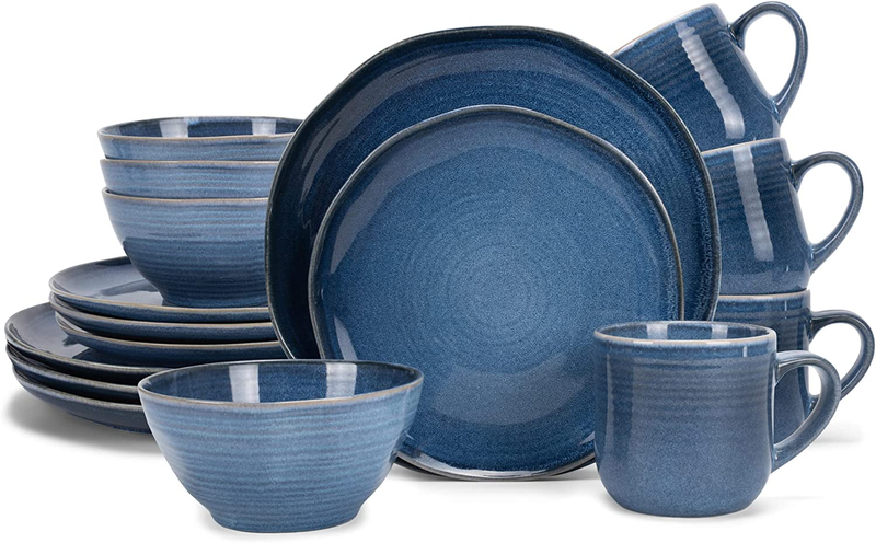 Reactive Glaze Ceramic Stoneware Dinnerware 16 Piece Set - Service for 4, Cobalt
