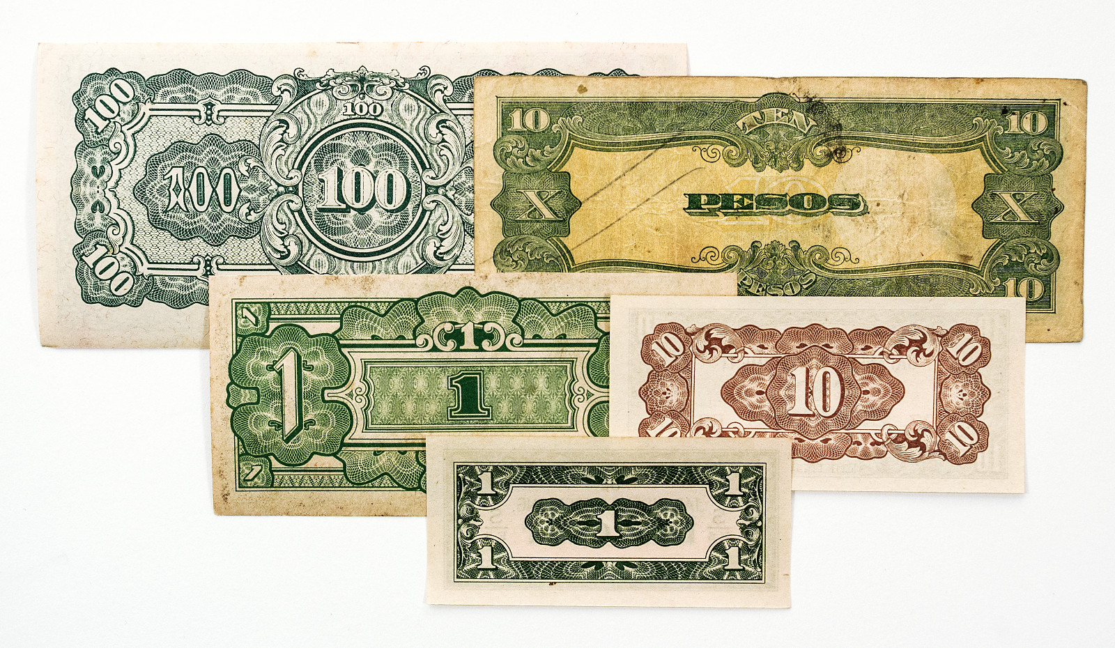 5 diff. WW2 1940's Japanese invasion paper money Burma, NEI, Philippines