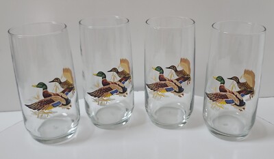 Set of 4 Anchor Hocking Large Drinking Glasses- Mallard Ducks Flying - 16 oz