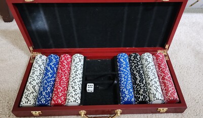 Mid 2000s Mahogany Wood Poker Case w/ 400 Chip Set (12 Gram Chips): Good Cond