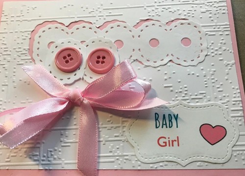 Baby Card pink & White Double Satin Bow Buttons Celebrate Birth Shower Handmade