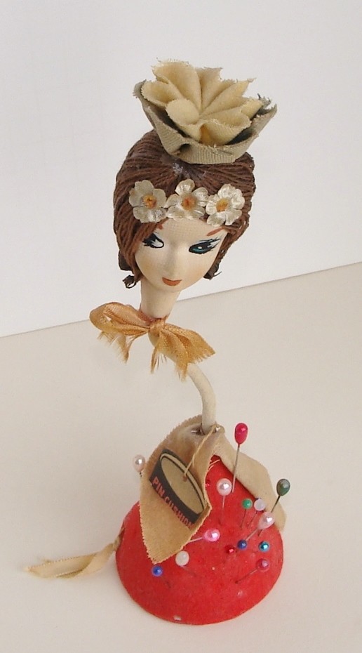 Vintage Lady Painted Face Figural Pin Cushion Tape Measure Japan