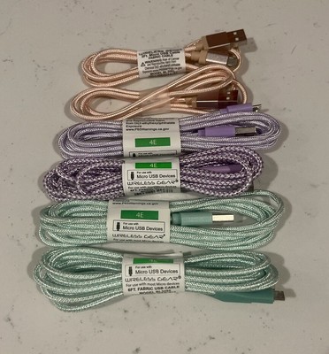Micro USB Cable Micro Brand: Wireless Gear 6 Ft & 3 Ft Fabric, Lot of 6