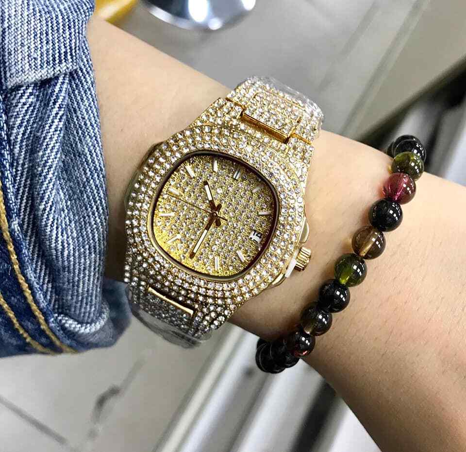 Orologio Polso ZCC Uomo Donna Quarzo Acciaio Moda Brillantini Data Dorato lac