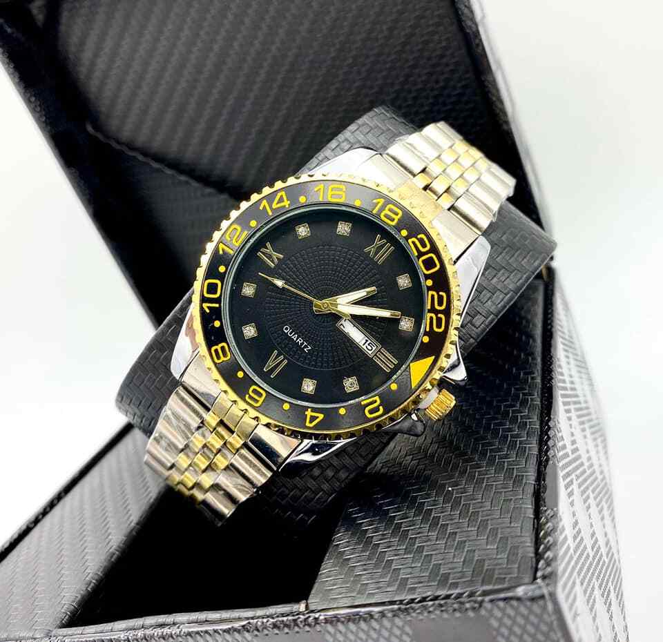 Orologio Da Polso ZCC 1070 Uomo Quarzo Data Elegante Bicolore Giallo Nero lac