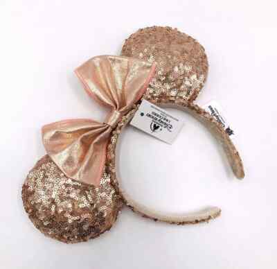 NEW Disney Parks ROSE GOLD Champagne Minnie Mouse Bow Sequins Ear Headband Ears