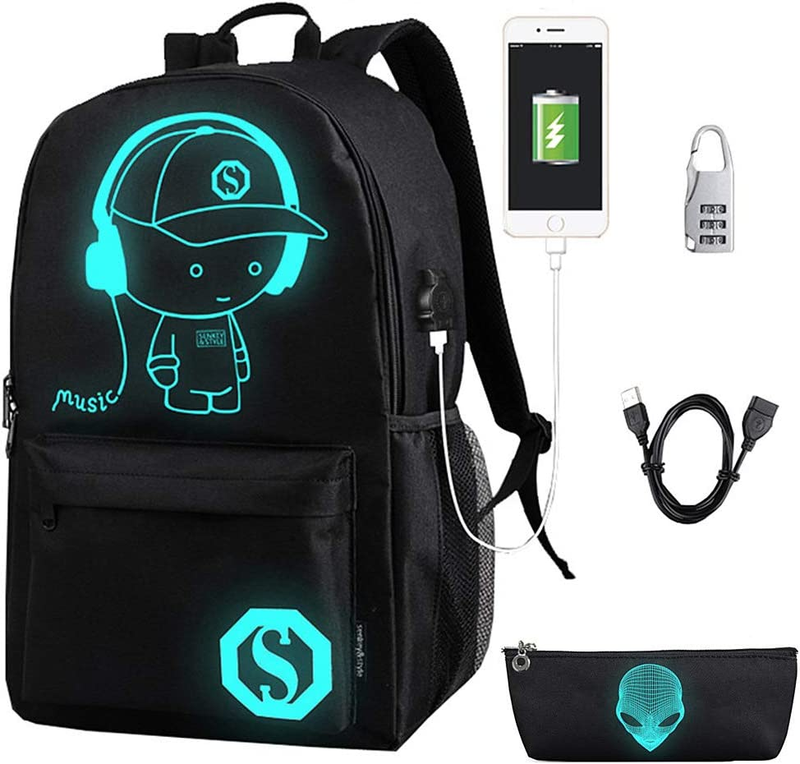 FLYMEI Bookbags for Teen Boys, Anime Cartoon Luminous Backpack with USB Charging