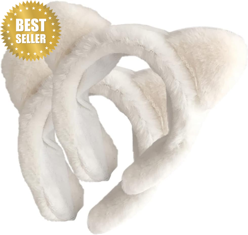 Plush Cat Ear Headband, 2Pcs Furry Hair Band in White, Lovely Ears Hairband Face