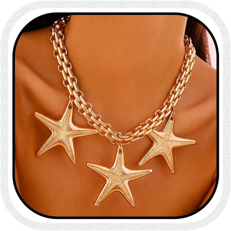 Star Pendant Necklace Women Gold Tone Chunky Cuban Link Chain Choker Statement