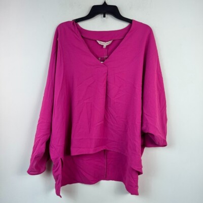 Willow Drive Womens L Hot Pink Roll Tab Sleeves V Neck Top NWT CG35