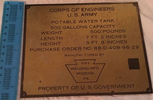 Corps Of Engineers US Army Potable Water Tank Brass Plate