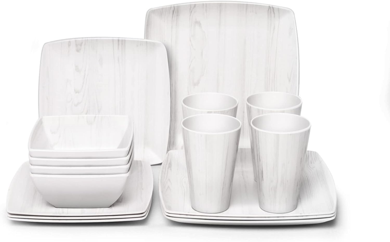 Melamine Dinnerware Set 16Pcs Wood-Looking - Dish Dishware Square Mugs