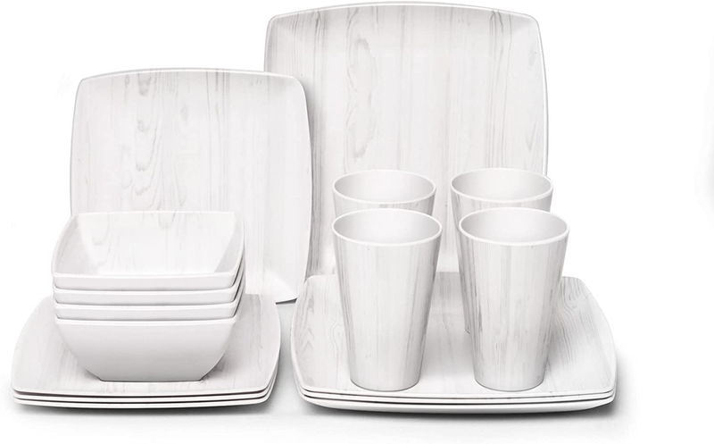 Melamine Dinnerware Set 16Pcs Wood-Looking - Dish Dishware Square Mugs Tumbler W