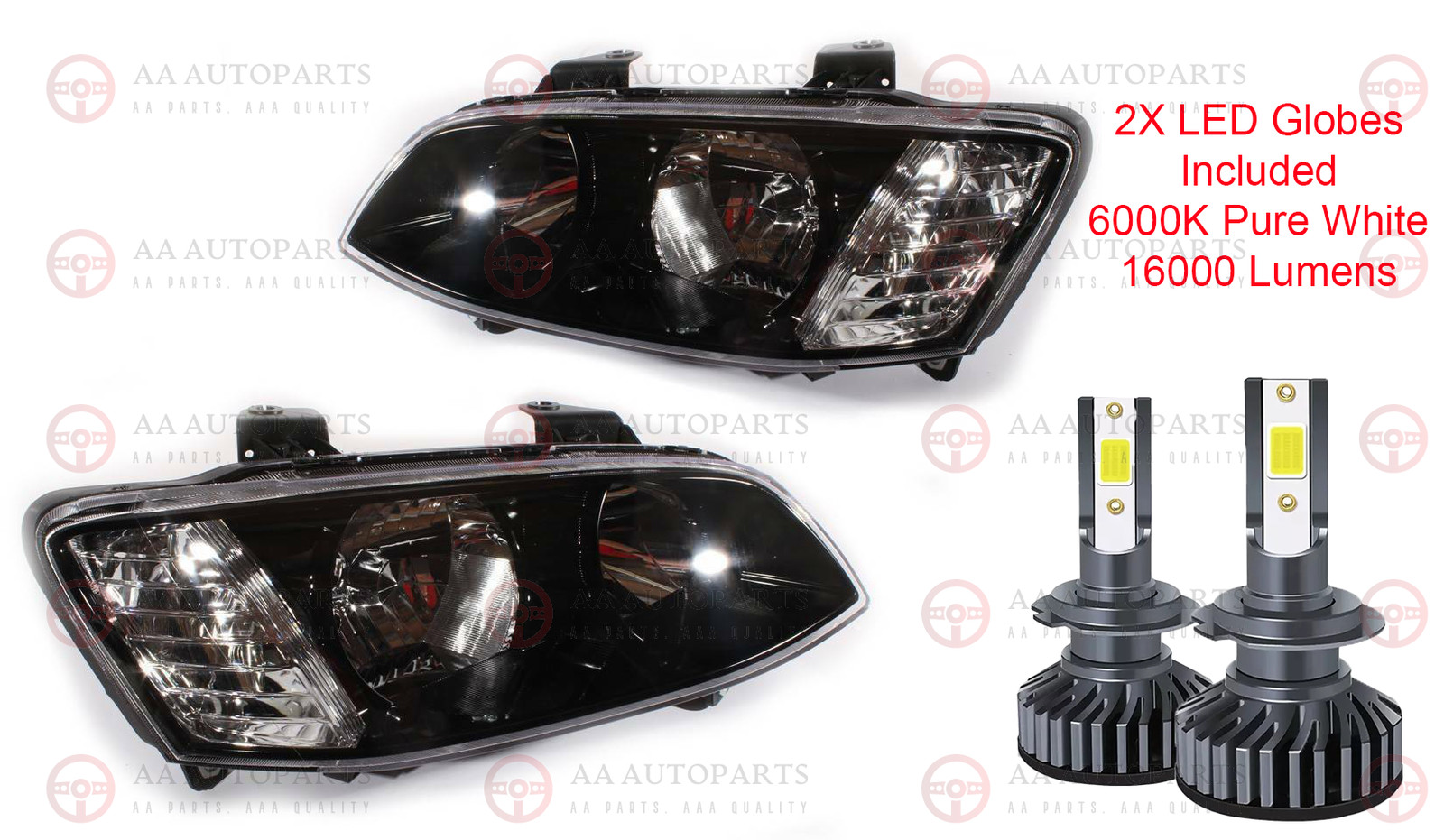 Black Headlights Pair + LED Globes For Holden Commodore VE Series 2 SS SV6