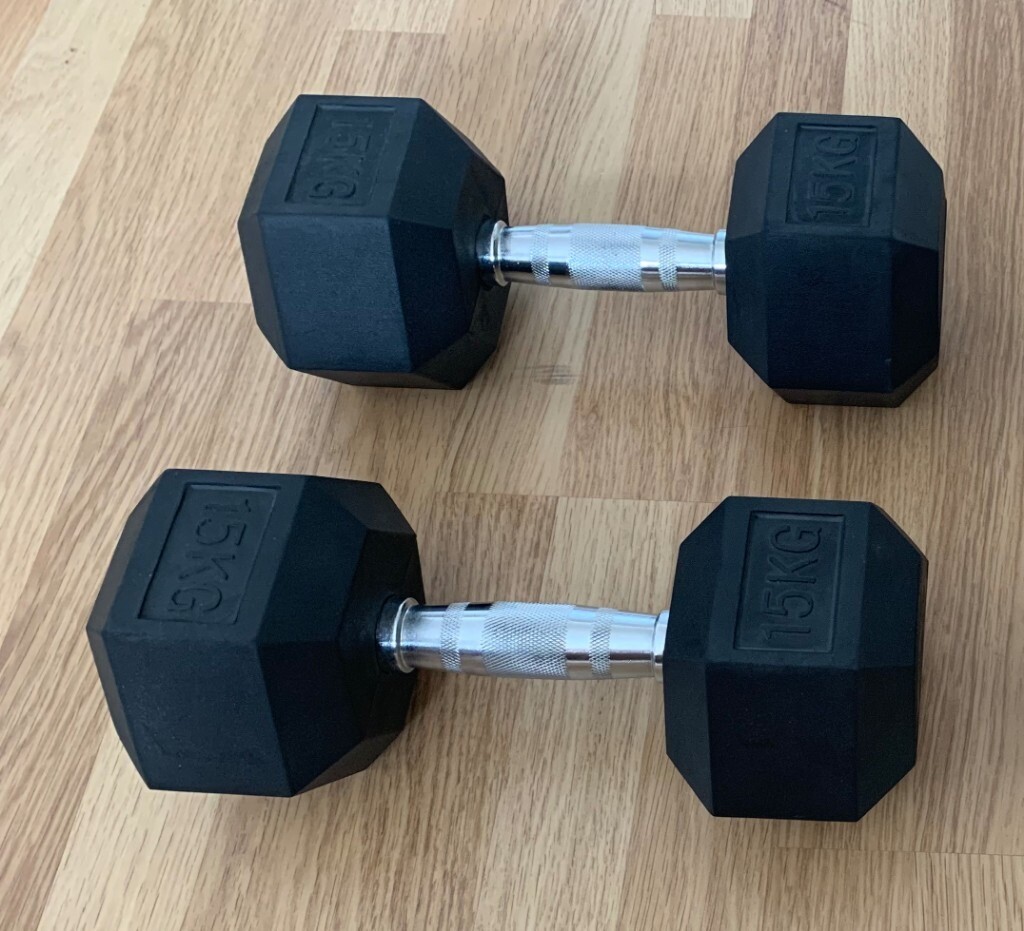Rubber Hex Dumbbells 15kg Pair Weight Lifting Mens Exercise FREE
