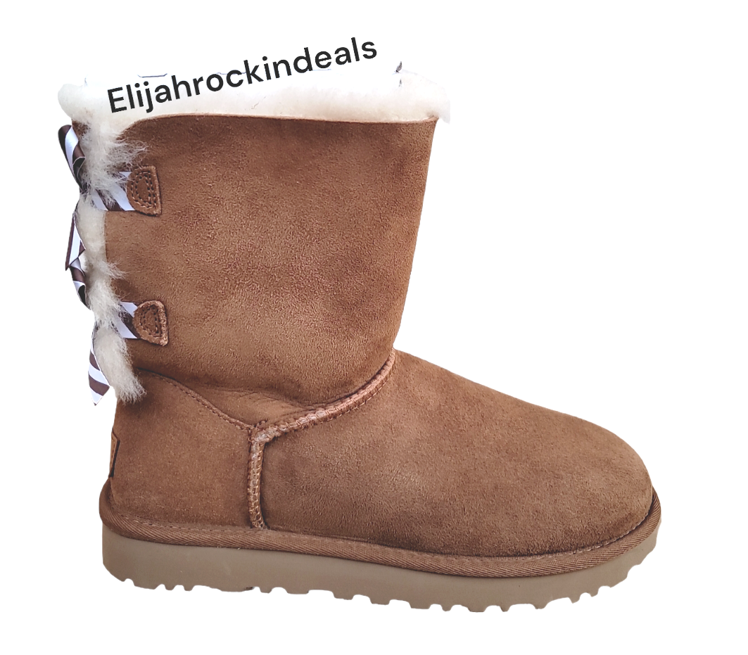 Pre-owned Ugg Womens  Bailey Bow Ii Chestnut Stripes Short Boots Size 7, 8, 9