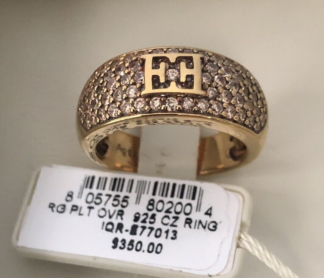 ESCADA Logo Rose Gold Plated Silver Wide Band Champagne Pave