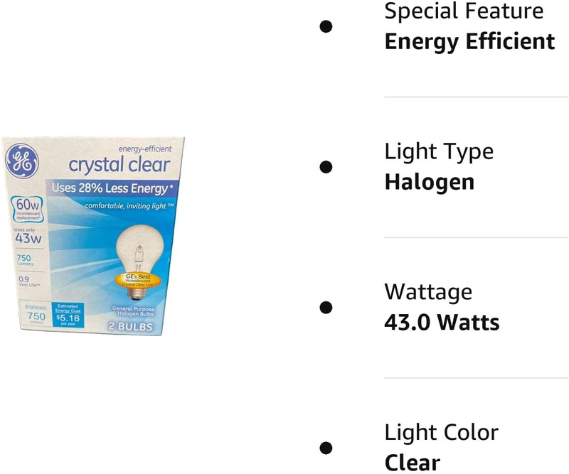 Crystal Clear 60W 750 Lumens Energy Efficient neral Purpose Halon Bulbs (2 Bulbs