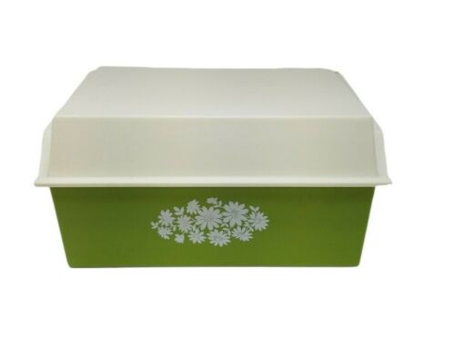 Vintage Avacado Green & White Plastic Bread Box Mid Century Modern Floral 