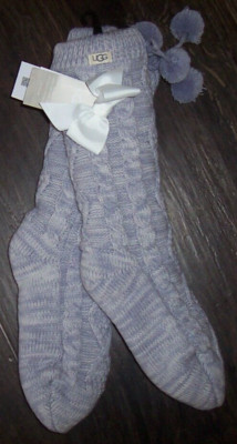 NWT UGG Cloudy Gray Cable Knit FLEECE-LINED SOCKS Women POM-POMS WARM & COZY