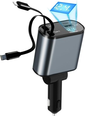      Retractable Car Charger,4 in 1 Fast USBC 120W for iPhone 16/15/14&Droid