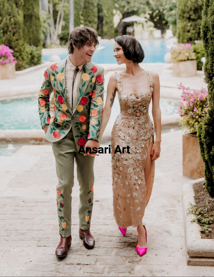 Pre-owned Art Men Green 2pc Customized Country Western Suit Floral Flowers Embroidered Wedding