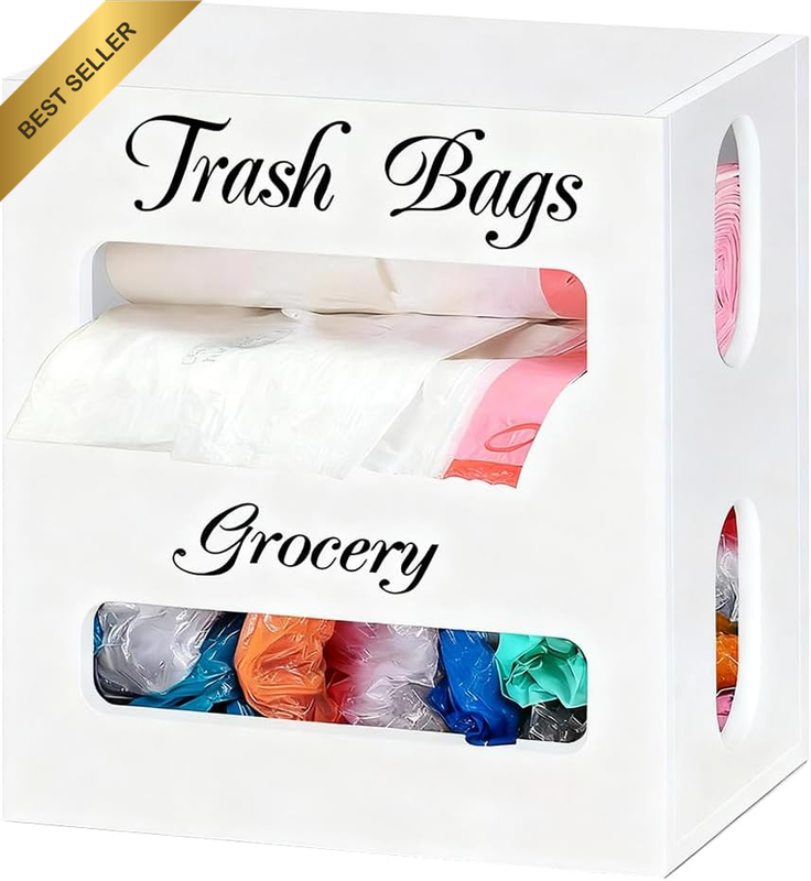 Wood Trash Bag Holder,Wall-Mounted Divided Garbage Bag Organizer,2 in 1 Large St