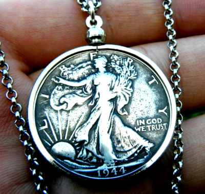 Necklace pendant 1944 authentic silver walking liberty half dollar