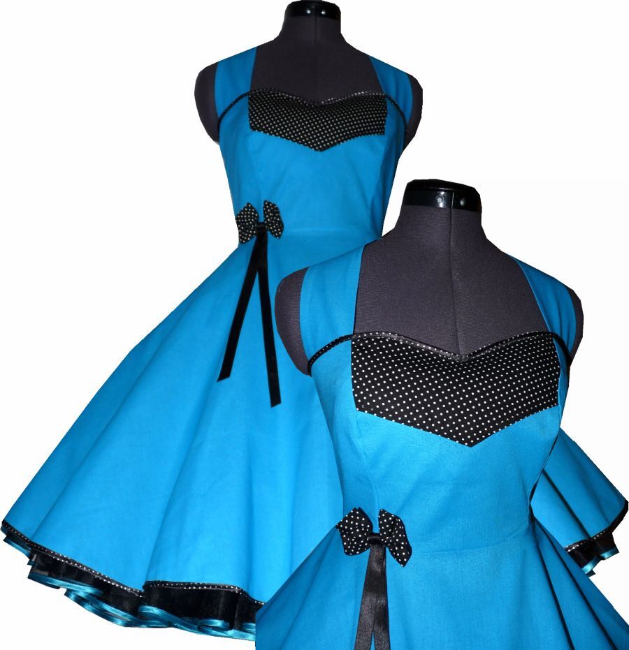 Tanzkleid türkis mit Punkteband schwarz weiße Punkte zum Petticoat Jugendweihe