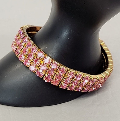 Vtg Rhinestone Expandable Bracelet Pink Glass Gold Tone Stretch Cup Chain