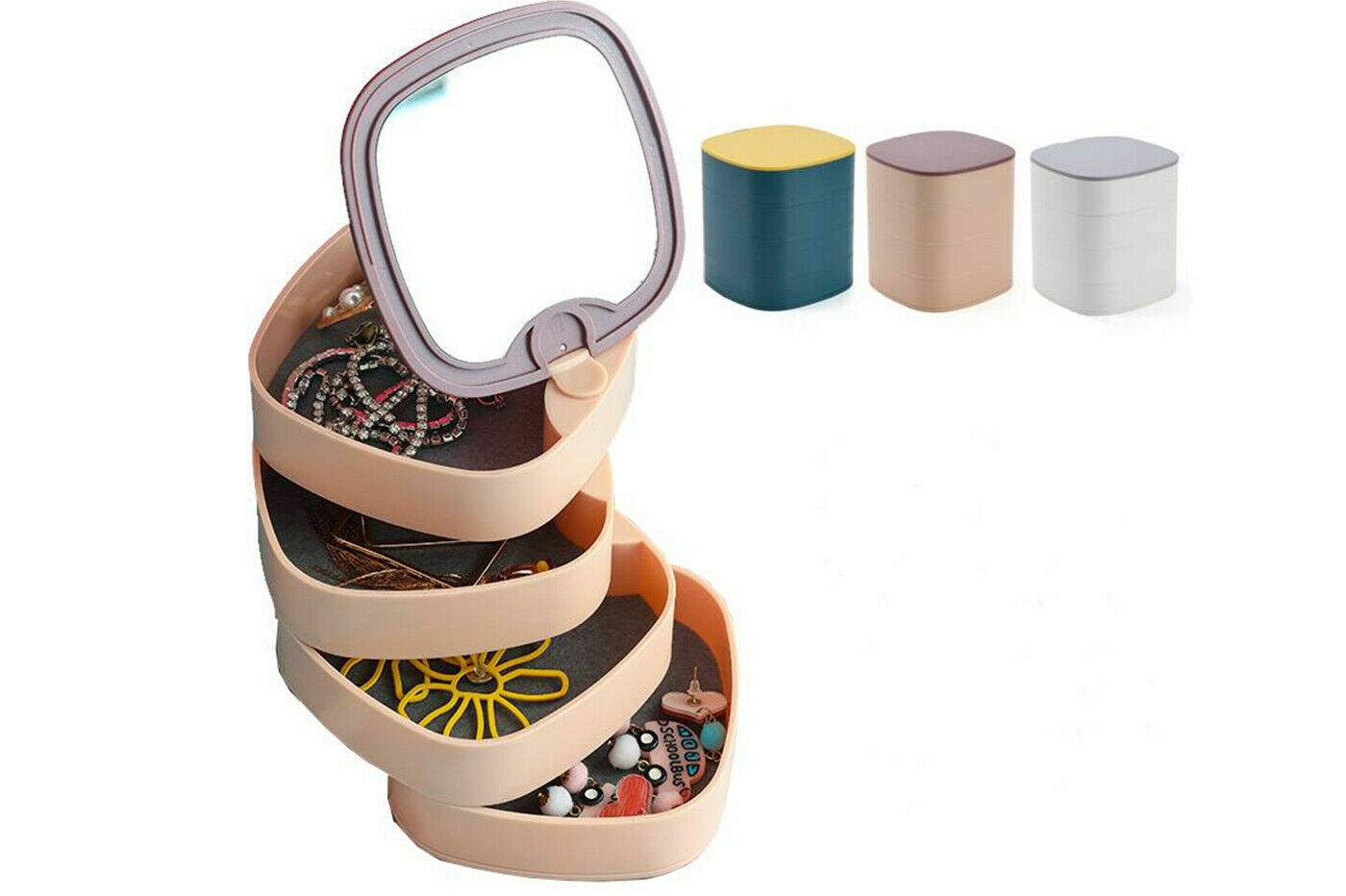 Organizer Portagioie Rotante Con Specchio 4 Scomparti Contenitore Multiuso cir