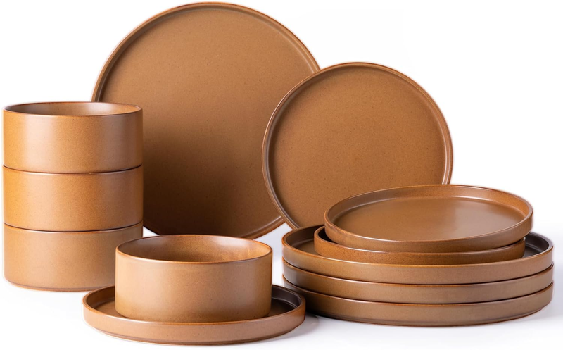Ceramic Dinnerware Sets for 4, High Edge Stoneware Plates and Bowls Set, Chip and Crack Resistant | Oven & Dishwasher & Microwave Safe Dishes Set, Service for 4 -Caramel