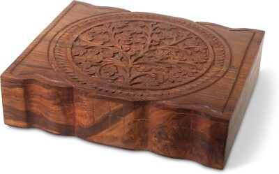 NEW Large Wooden Keepsake Box 12x10'' Hand Carved Tree of Life Decor Hinge Lid