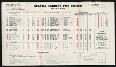1953 SEATTLE RAINIERS *Roster/Schedule Card* -ARTIE THOMAS, BILL SWEENEY Mgr