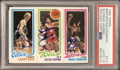 Larry Bird Signed 1980 Topps Rookie Card + Magic Dr. J PSA