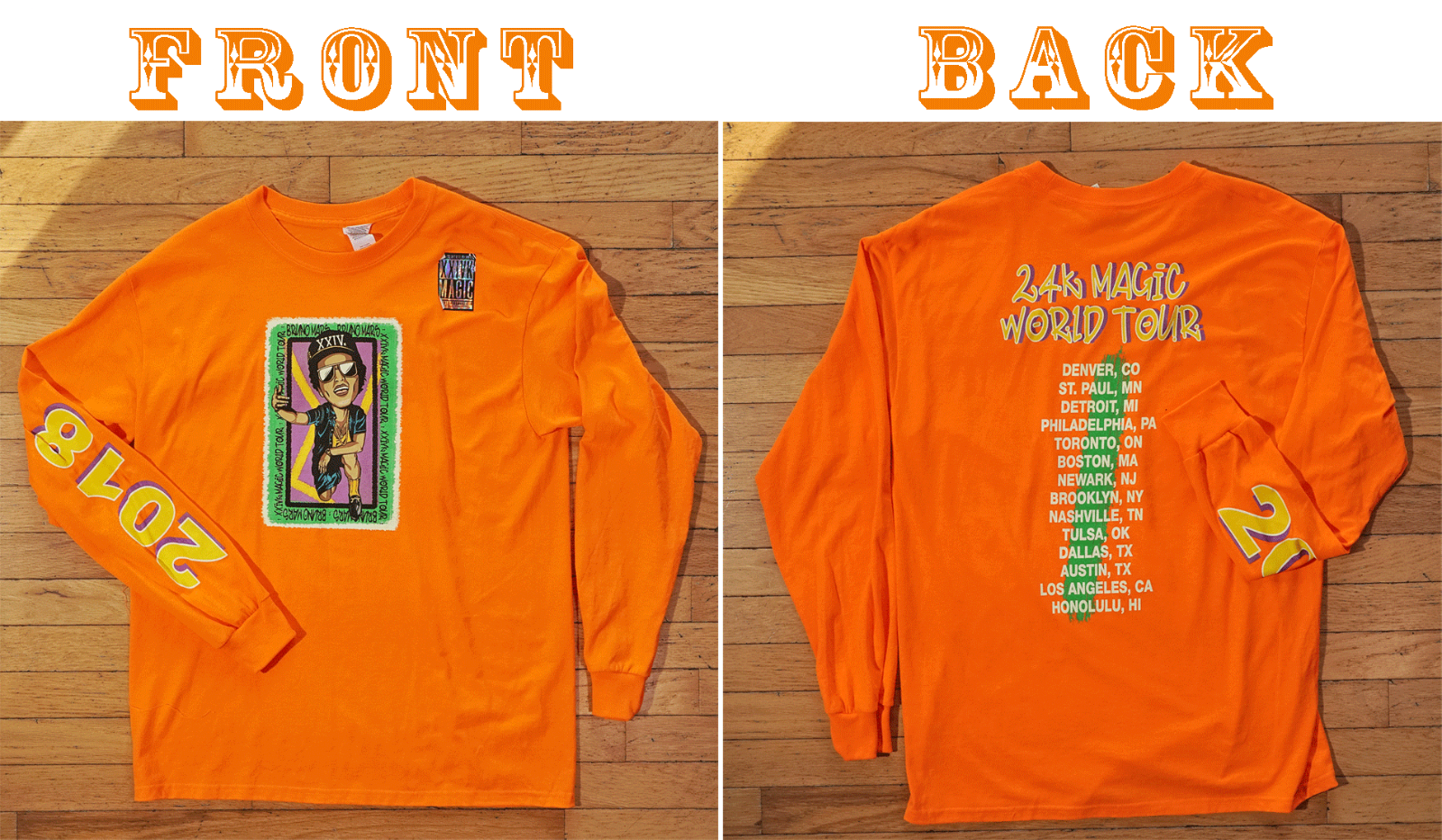 ブルーノマーズ 24Kmagic world tour2018 ツアーTシャツ Bruno Mars 24k Magic World Tour 2018 Orange T-Shirt Long