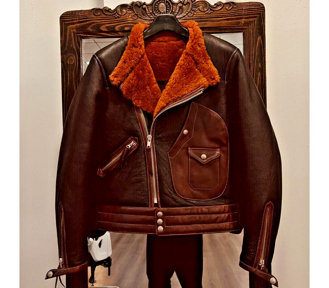 Pre-owned Handmade High Quality Raf B3 Bomber Aviator Men Real Shearling Fur Leather Jacket For Men In Brown
